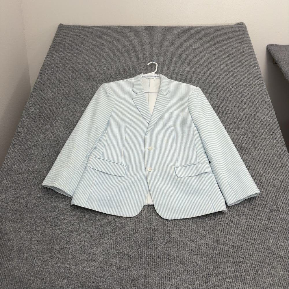 Vintage Seersucker Suit Set Mens Blue White Cotton Striped Preppy Classic Style